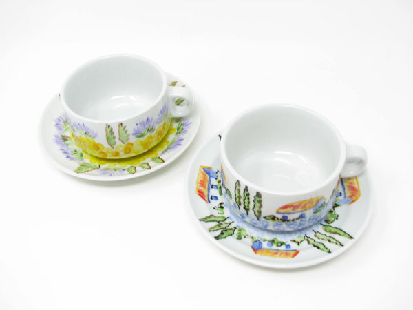 Vintage Cappucino Cups & Saucers with Hand-Painted Italian Countryside Patterns - 4 Pieces