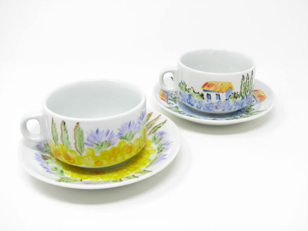 Vintage Cappucino Cups & Saucers with Hand-Painted Italian Countryside Patterns - 4 Pieces