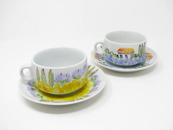 Vintage Cappucino Cups & Saucers with Hand-Painted Italian Countryside Patterns - 4 Pieces