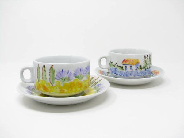 Vintage Cappucino Cups & Saucers with Hand-Painted Italian Countryside Patterns - 4 Pieces