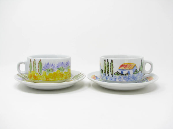 Vintage Cappucino Cups & Saucers with Hand-Painted Italian Countryside Patterns - 4 Pieces
