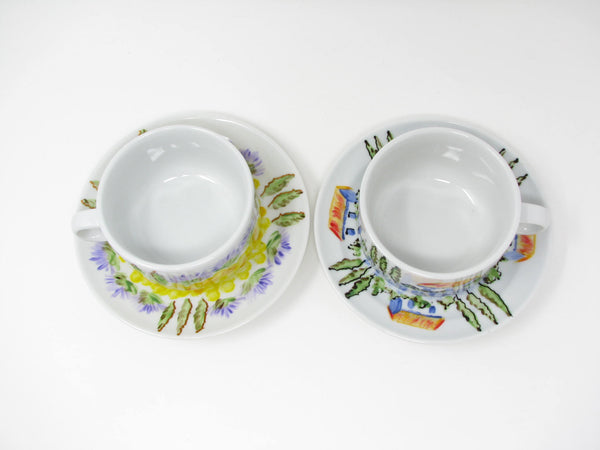 Vintage Cappucino Cups & Saucers with Hand-Painted Italian Countryside Patterns - 4 Pieces