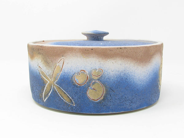 Vintage Pottery Lidded Box with Abstract Fish Pattern Signed by Artist