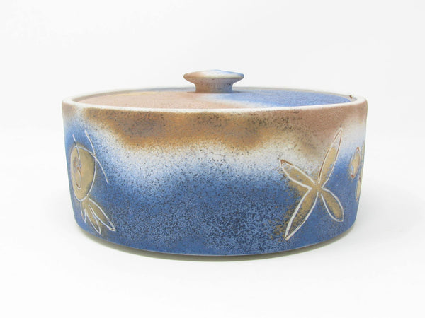 Vintage Pottery Lidded Box with Abstract Fish Pattern Signed by Artist