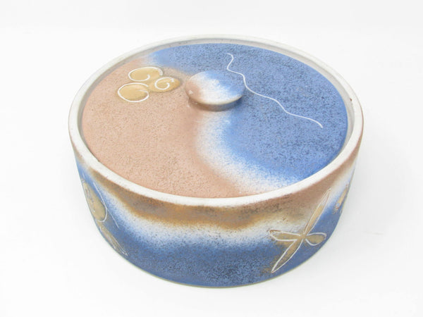 Vintage Pottery Lidded Box with Abstract Fish Pattern Signed by Artist