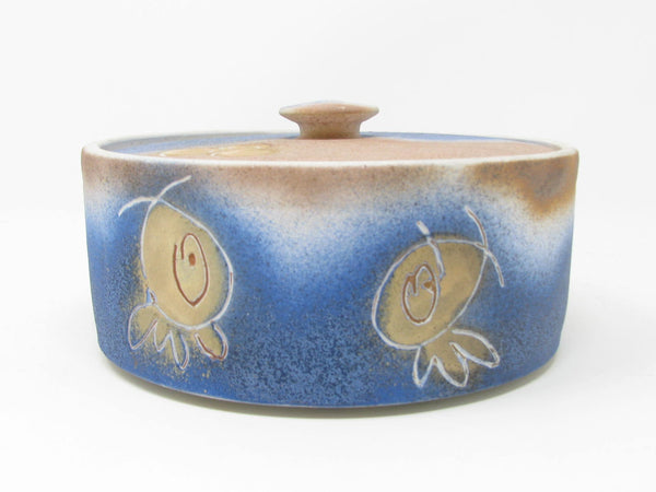 Vintage Pottery Lidded Box with Abstract Fish Pattern Signed by Artist