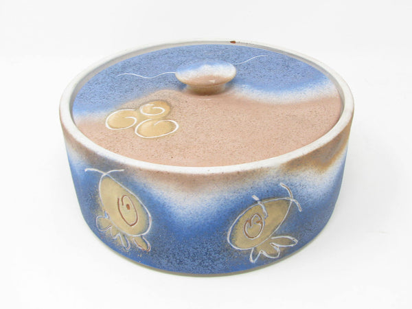 Vintage Pottery Lidded Box with Abstract Fish Pattern Signed by Artist