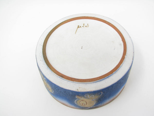 Vintage Pottery Lidded Box with Abstract Fish Pattern Signed by Artist