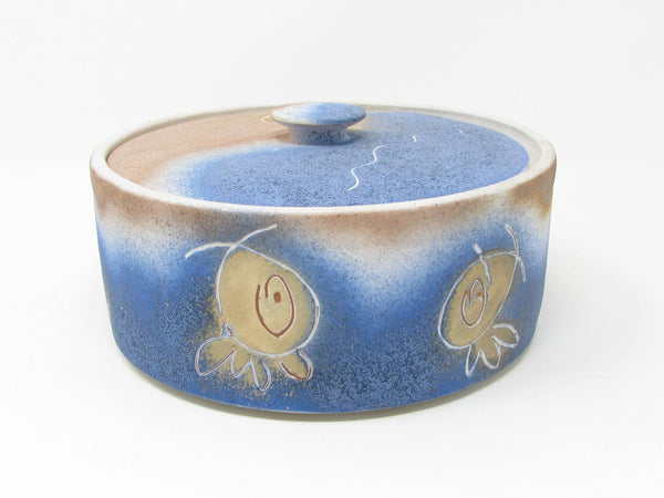 Vintage Pottery Lidded Box with Abstract Fish Pattern Signed by Artist