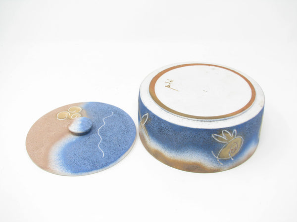 Vintage Pottery Lidded Box with Abstract Fish Pattern Signed by Artist