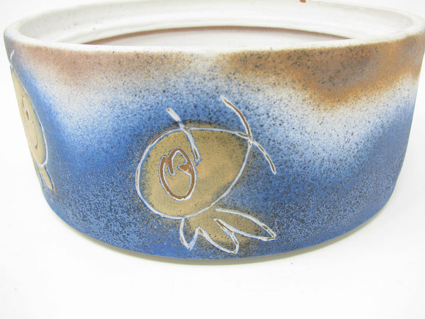 Vintage Pottery Lidded Box with Abstract Fish Pattern Signed by Artist