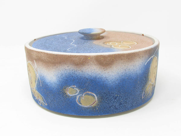 Vintage Pottery Lidded Box with Abstract Fish Pattern Signed by Artist