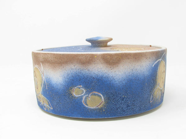 Vintage Pottery Lidded Box with Abstract Fish Pattern Signed by Artist