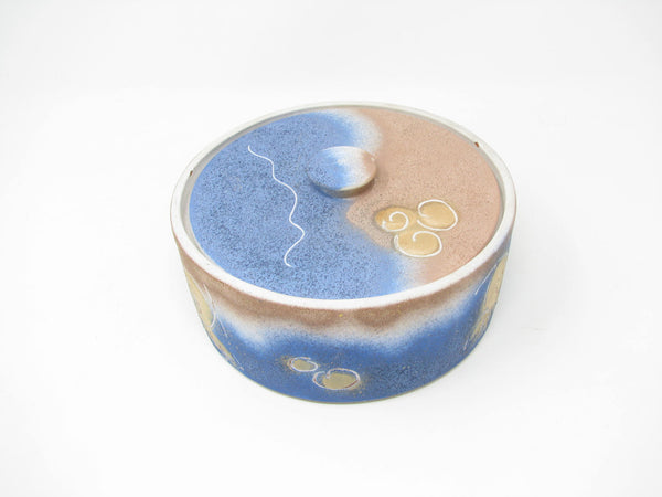 Vintage Pottery Lidded Box with Abstract Fish Pattern Signed by Artist