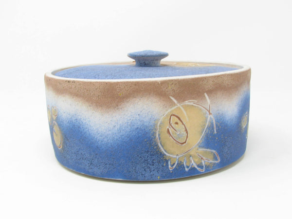 Vintage Pottery Lidded Box with Abstract Fish Pattern Signed by Artist