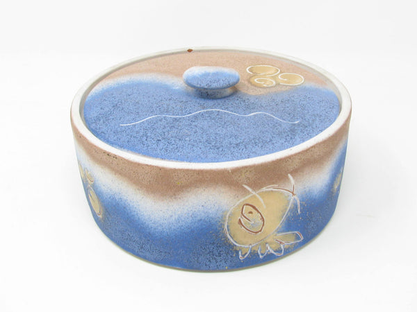 Vintage Pottery Lidded Box with Abstract Fish Pattern Signed by Artist