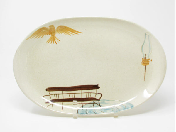 Vintage Red Wing Pottery Hearthside Oval Platter with Eagle, Bench & Hurricane Lamp