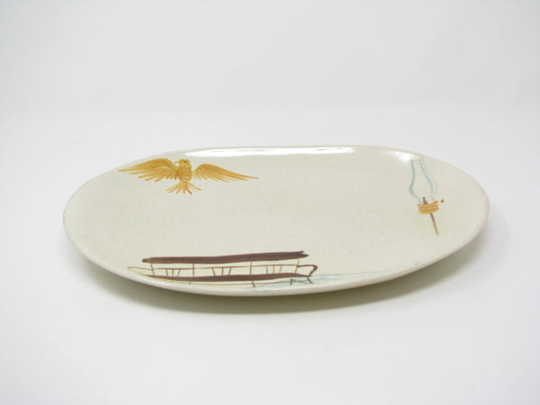 Vintage Red Wing Pottery Hearthside Oval Platter with Eagle, Bench & Hurricane Lamp