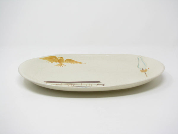 Vintage Red Wing Pottery Hearthside Oval Platter with Eagle, Bench & Hurricane Lamp