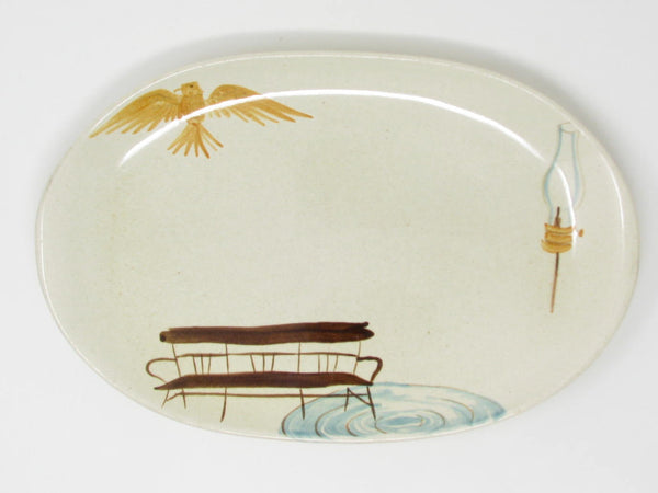 Vintage Red Wing Pottery Hearthside Oval Platter with Eagle, Bench & Hurricane Lamp