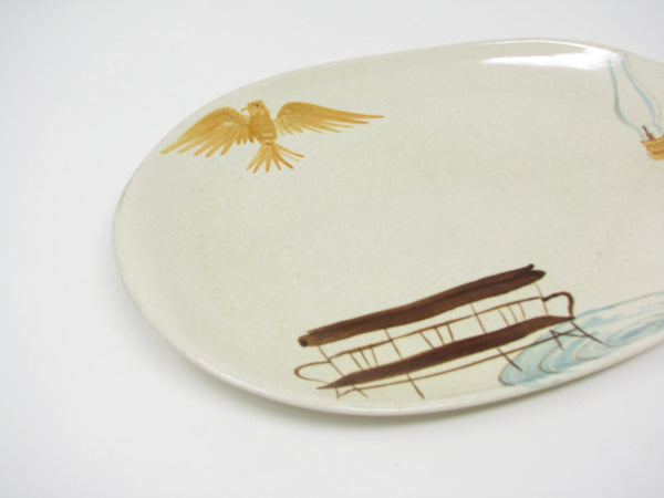 Vintage Red Wing Pottery Hearthside Oval Platter with Eagle, Bench & Hurricane Lamp