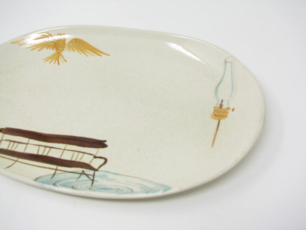 Vintage Red Wing Pottery Hearthside Oval Platter with Eagle, Bench & Hurricane Lamp