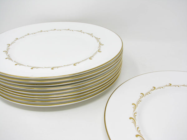edgebrookhouse - Vintage Royal Doulton England White Rondo Dinner Plates with Gold Scrolls - 10 Pieces