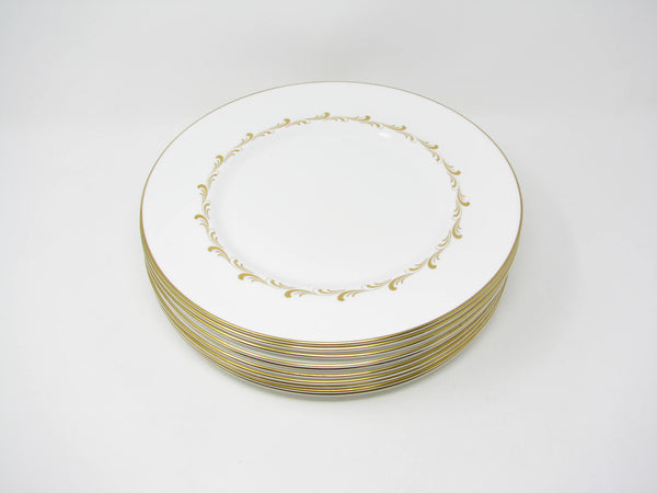 edgebrookhouse - Vintage Royal Doulton England White Rondo Dinner Plates with Gold Scrolls - 10 Pieces