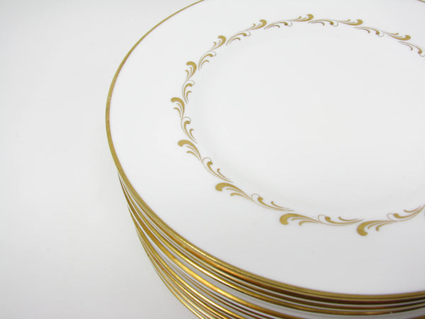 edgebrookhouse - Vintage Royal Doulton England White Rondo Salad Plates with Gold Scrolls - 12 Pieces