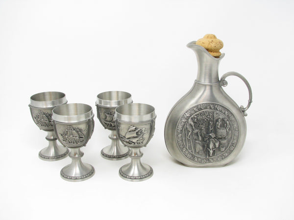 Vintage SKS 95% Zinn Pewter Wine Chalices / Goblets and Decanter Made in Germany - 5 Pieces