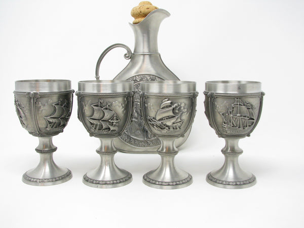 Vintage SKS 95% Zinn Pewter Wine Chalices / Goblets and Decanter Made in Germany - 5 Pieces