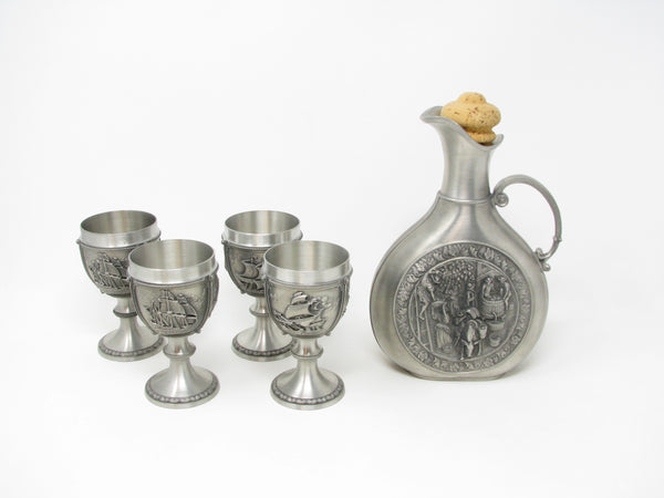 Vintage SKS 95% Zinn Pewter Wine Chalices / Goblets and Decanter Made in Germany - 5 Pieces
