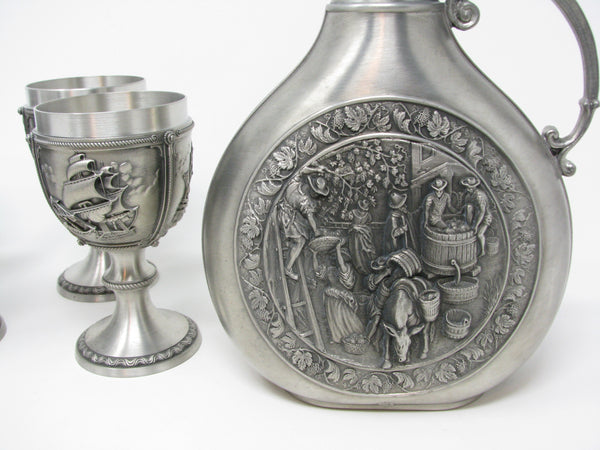 Vintage SKS 95% Zinn Pewter Wine Chalices / Goblets and Decanter Made in Germany - 5 Pieces
