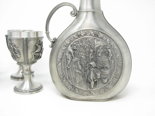 Vintage SKS 95% Zinn Pewter Wine Chalices / Goblets and Decanter Made in Germany - 5 Pieces