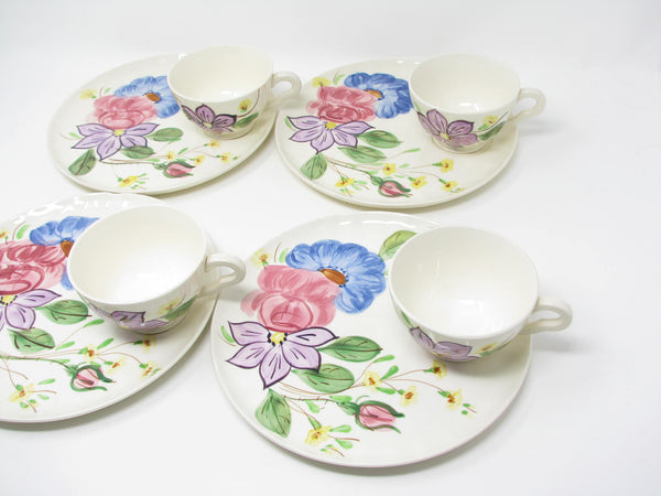 Vintage Southern Pottery Blue Ridge Snack Plates and Cups with Floral Pattern - 8 Pieces