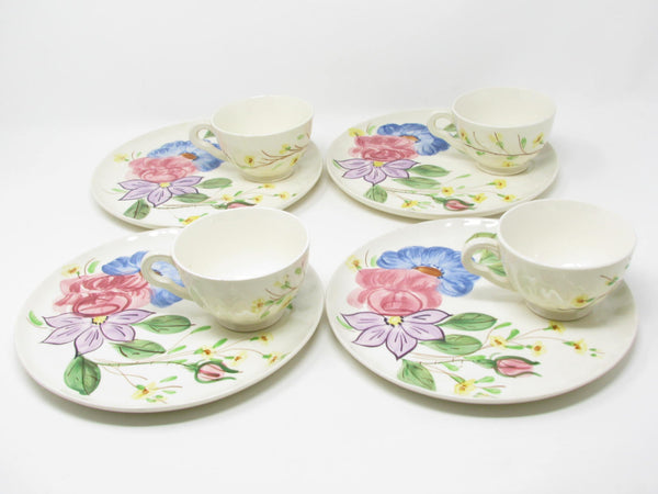 Vintage Southern Pottery Blue Ridge Snack Plates and Cups with Floral Pattern - 8 Pieces
