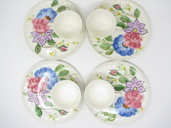 Vintage Southern Pottery Blue Ridge Snack Plates and Cups with Floral Pattern - 8 Pieces