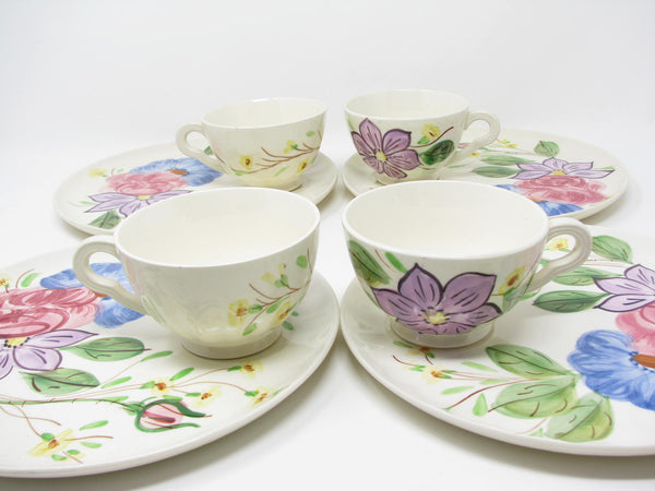 Vintage Southern Pottery Blue Ridge Snack Plates and Cups with Floral Pattern - 8 Pieces