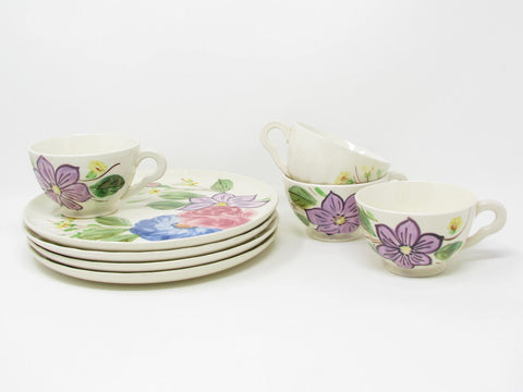 Vintage Southern Pottery Blue Ridge Snack Plates and Cups with Floral Pattern - 8 Pieces