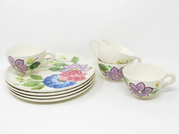 Vintage Southern Pottery Blue Ridge Snack Plates and Cups with Floral Pattern - 8 Pieces