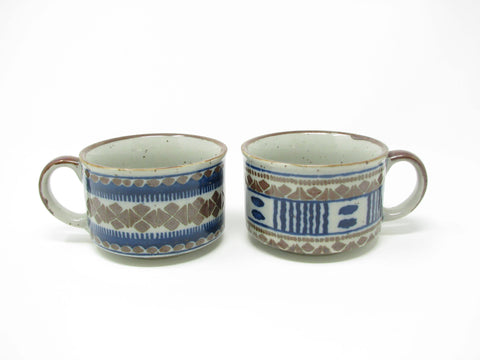 Vintage Stoneware Soup Mugs with Blue Brown Otagiri Style - 2 Pieces