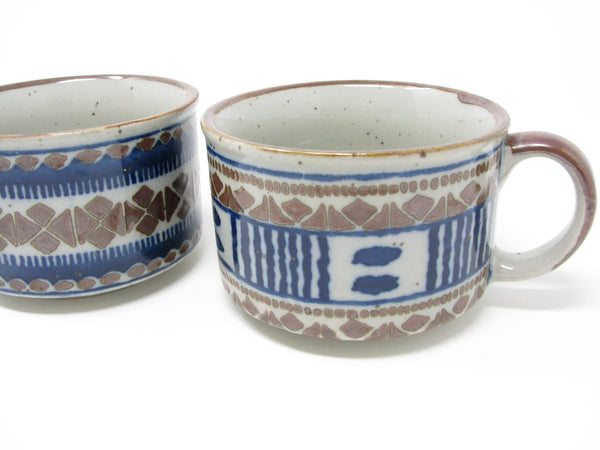edgebrookhouse Vintage Stoneware Soup Mugs with Blue Brown Otagiri Style - 2 Pieces