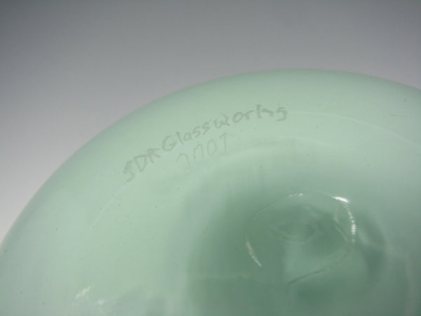 Vintage Studio Art Glass Hand-Blown Turquoise Orb Vase with Geometric Design Signed