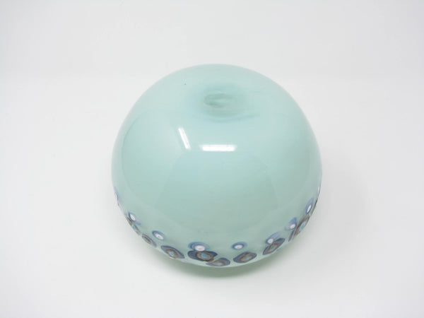 Vintage Studio Art Glass Hand-Blown Turquoise Orb Vase with Geometric Design Signed