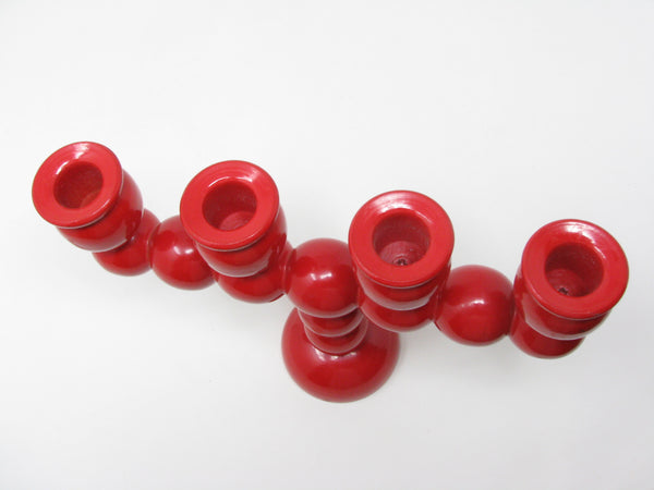 Vintage Traknaggen Swedish Folk Art Red Hand-Carved and Painted Wood Candelabra