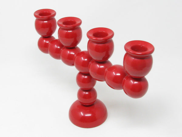 Vintage Traknaggen Swedish Folk Art Red Hand-Carved and Painted Wood Candelabra