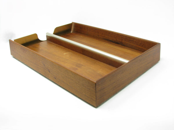 Vintage Walnut Wood Desk Letter Holder Tray with Brass Details