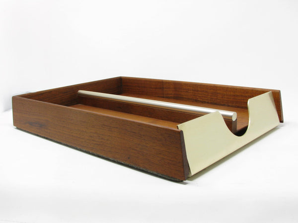 Vintage Walnut Wood Desk Letter Holder Tray with Brass Details