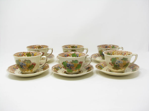 edgebrookhouse - Vintage Wood & Sons Burslem England Hyde Cups & Scalloped Saucers with Fruit Pattern - 12 Pieces
