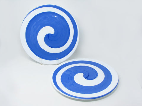 Yalos Casa Style Murano Modern Art Glass Chargers or Decorative Plate with Blue White Swirl - 2 Pieces